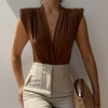 Elegant Women Solid Color Sleeveless Padded V Neck Wrap Blouse Office Chic Bodysuit