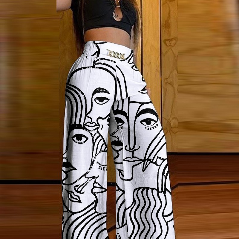 Women Fashion Casual Abstract Printing Wide Leg Pants