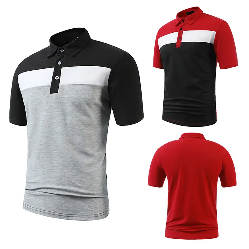 Men Business Casual Stitching Color Block Short Sleeved Lapel Polo Shirt