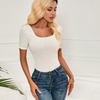 Summer Sexy Short Sleeve Tight Solid Color Backless Knitted Jacquard Women Square Neck Basic Bodysuit