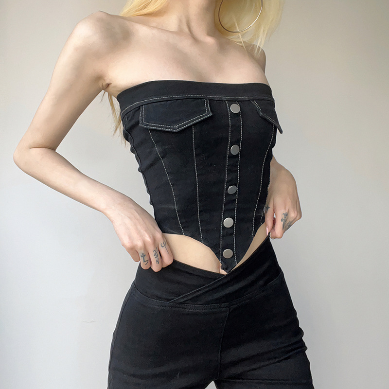 Women'S Fashion Edgy Back Bandage Irregular Denim Tube Top