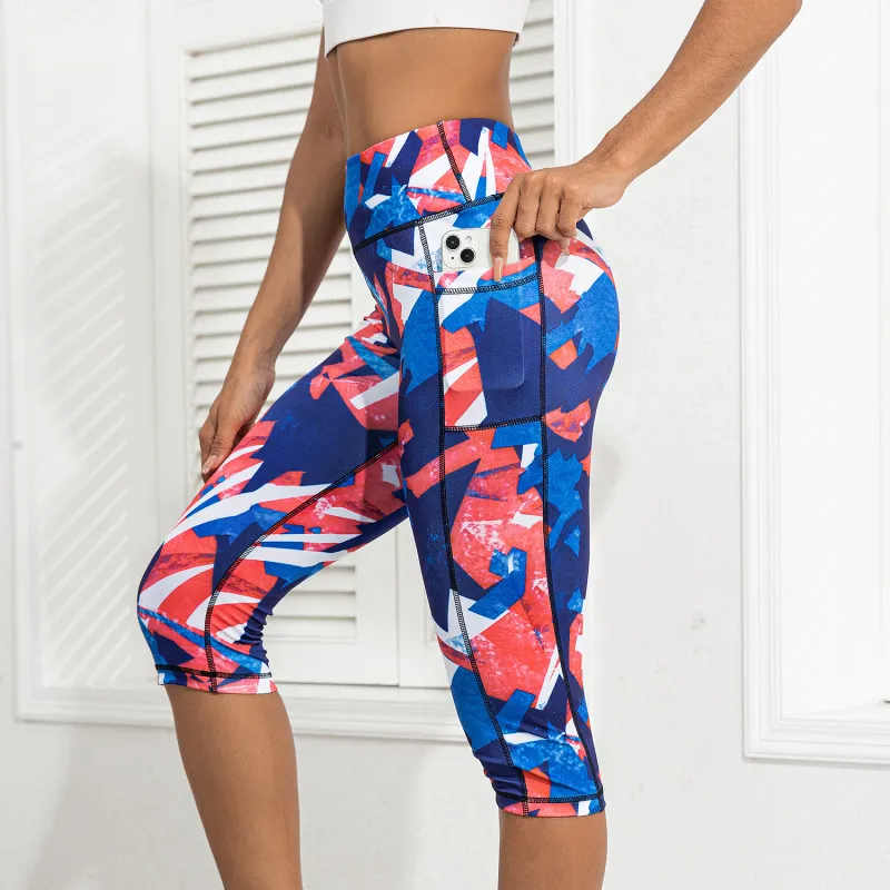 Women Fashion Geometric Print Hip Pocket Sports Fitness Yoga Pants