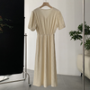 Fashion Elegant Women V-Neck Solid Color Bubble Short-Sleeved Mid-Length Defined Waist Dress