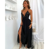 Elegnat Women Fashion Sequin Decor Deep V Side Slit Mesh Maxi Party Evening Dress