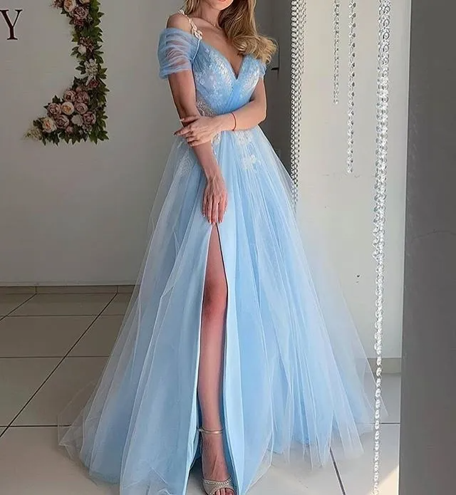 Women Elegant Off-The-Shoulder V-Neck Side-Slit Mesh Patchwork Sweep Length Wedding Evening Dress