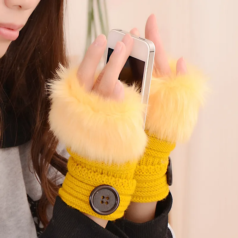 (Buy 1 Get 2) Autumn And Winter Women Fashion Knitted Button Warm Plush Half Finger Gloves