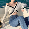 Women Fashion Summer Off-Shoulder Color Blocking Knitted Cropped Sweater