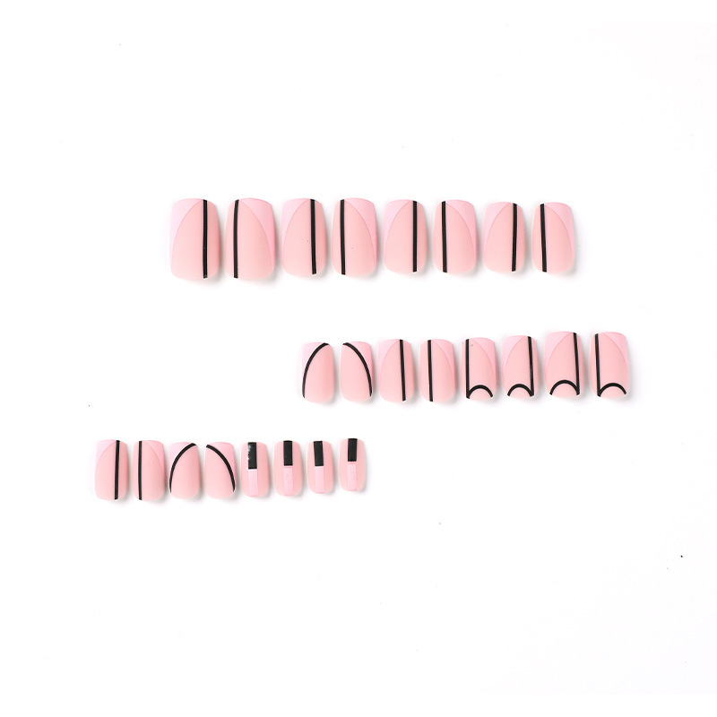 ( Buy 1 Get 2 ) Women Fashion Frosted Bevel Edge Pink Black Line Wearable False Nails