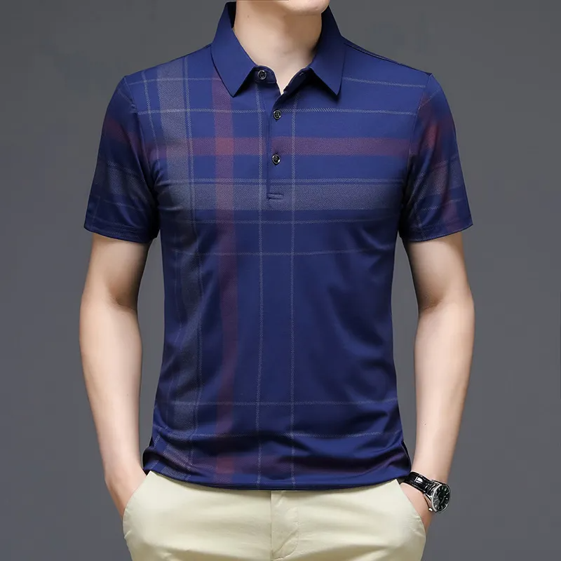 Men Fashion Casual Striped Plaid Print Lapel Short-Sleeved Loose Polo Shirt