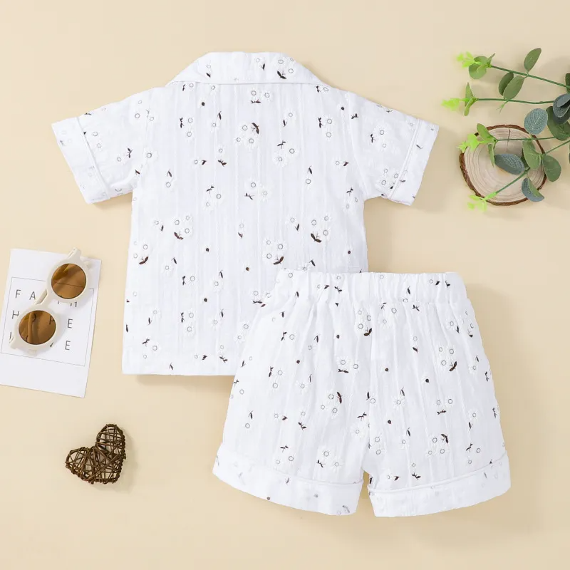 (Buy 1 Get 1) Toddlers Newborn Baby Fashion Girls Boys Short Sleeve Print Lapael Top And Shorts 2pcs Pajama Set