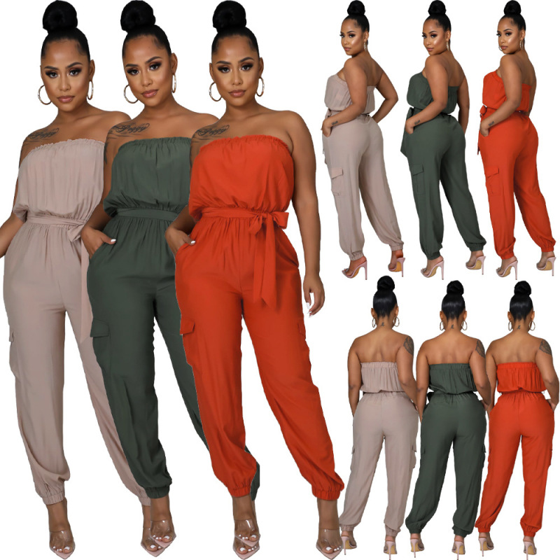 Women Wrap Chest Belt Solid Color Jumpsuit