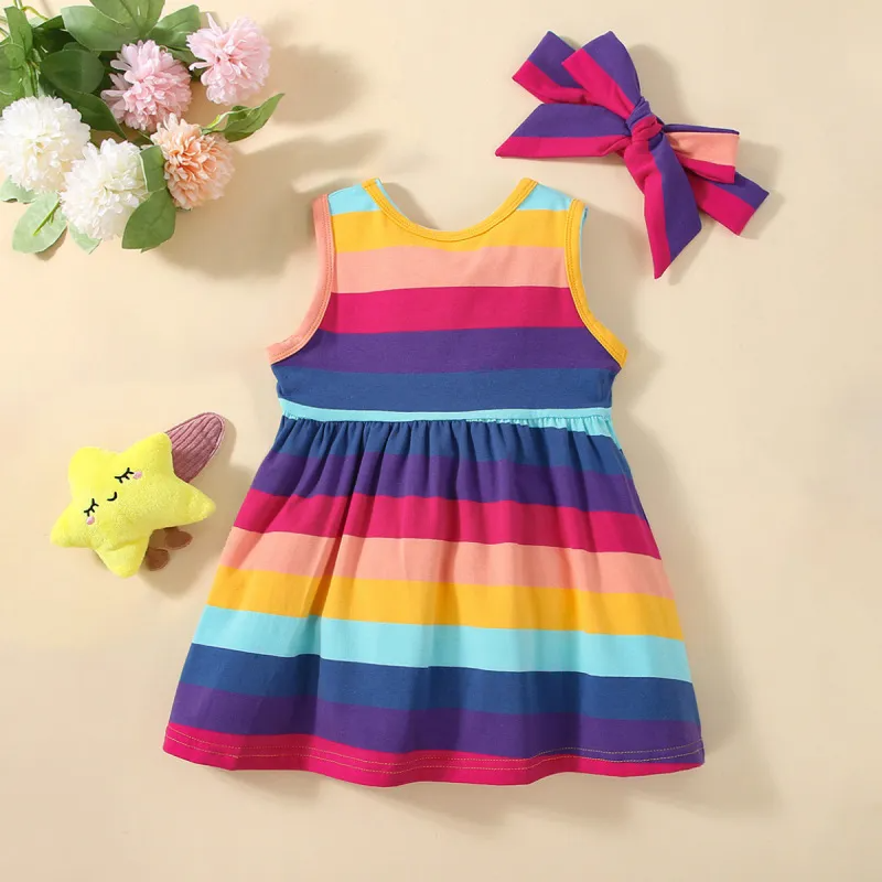 Kids Baby Girls Summer Butterfly Headband Rainbow Stripe Sleeveless Round Neck Princess Dress Set