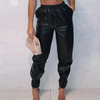 Summer Women Fashion Elastic Waist Casual Solid Color PU Leather Pants