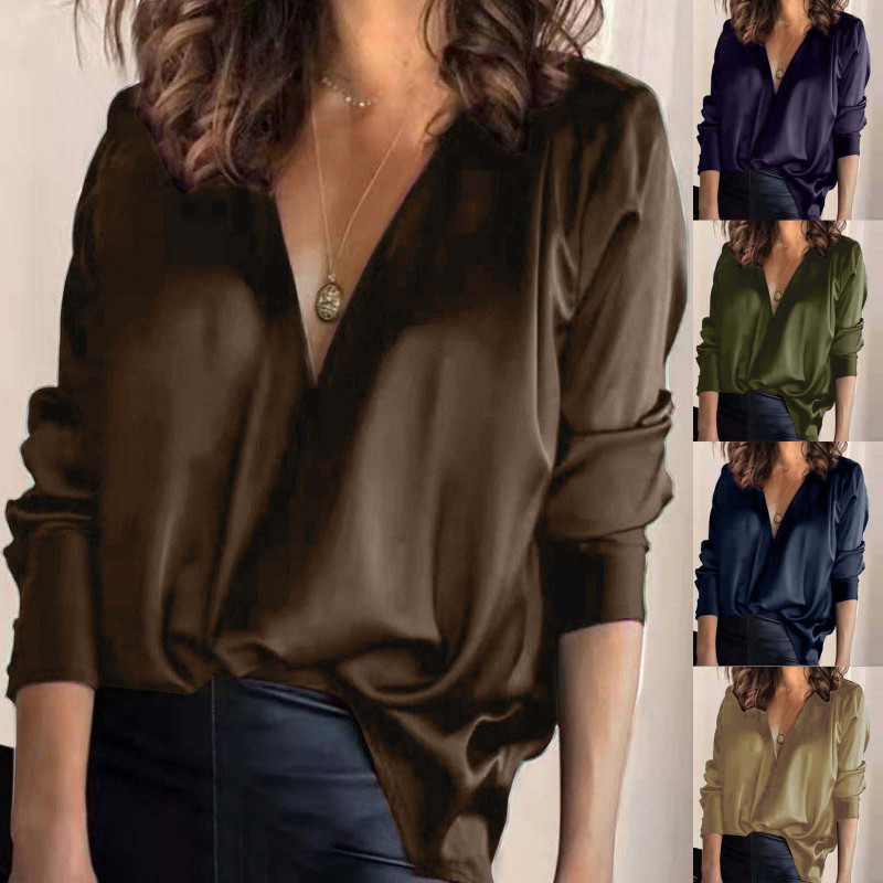 Women Fashion Elegant Pullover V-Neck Solid Color Satin Long-Sleeved Shirt Blouse