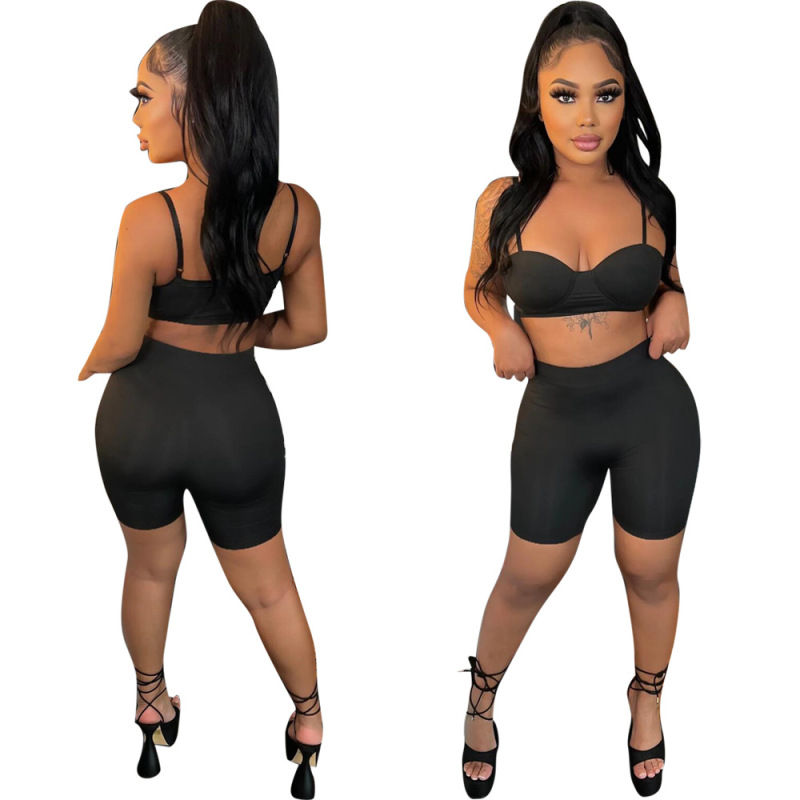 Fashion Athleisure Women Sexy Black Solid Color Crop Camis Tight Shorts Two Piece Basic Sports Set