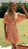 Women Fashion Vacation Sexy Floral Printing Flare Sleeve Backless V-Neck Dress