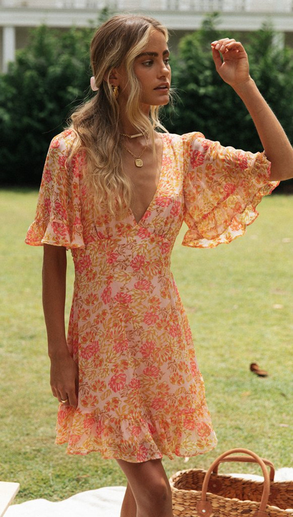 Women Fashion Vacation Sexy Floral Printing Flare Sleeve Backless V-Neck Dress