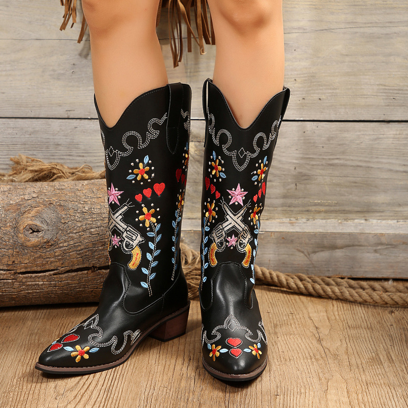 Women Fashion Plus Size Embroidered Point-Toe Boots