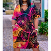 Women Casual Loose Multicolor Printed V-Neck Short-Sleeve Mid-Length Dress