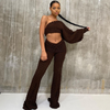 Women Solid Color Pleated One Shoulder Long Sleeve Top And High Waist Pants Two-Piece Set