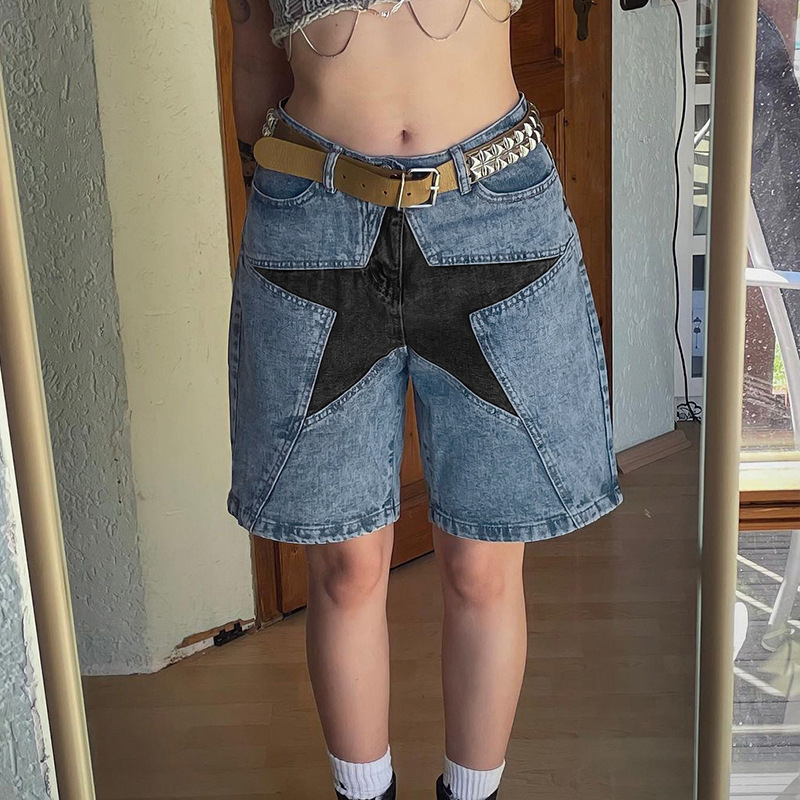 Women'S Fashion Casual Five-Pointed Star Stitching Straight Denim Pants