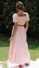 Women Square Neck Ruffled Puff Sleeve Crop Top Side-Slit Knotted Long Skirt Solid Color Vacation Set