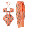 Fashion Flower Printed Women Pleating Halter Neck Swimsuit Cover Skirt Two Pieces Swimsuit