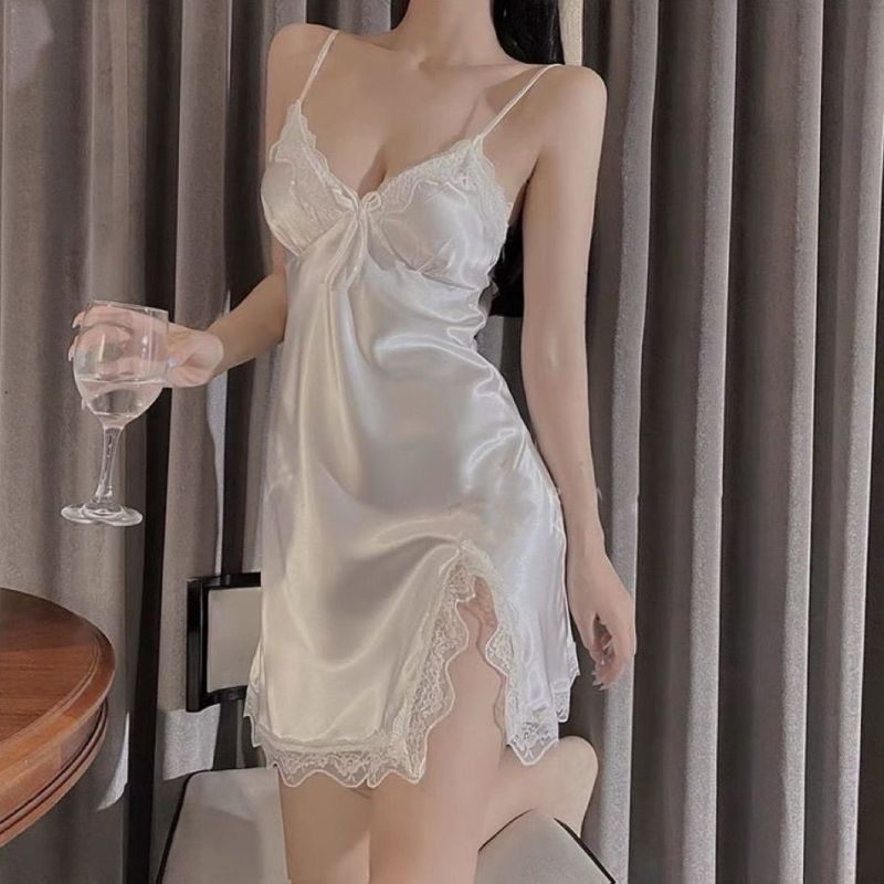 Women Lingerie Lace Sexy Pajamas Solid Color Satin Nightdress