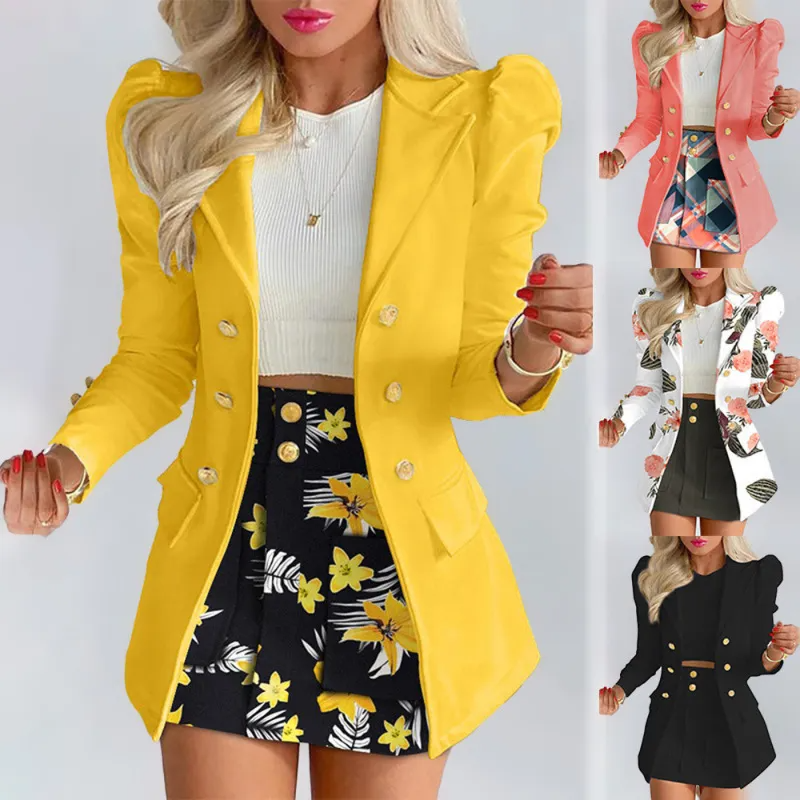 Women Fashion Elegant Plaid Floral Print Suit Top Skirt Two-Piece Set