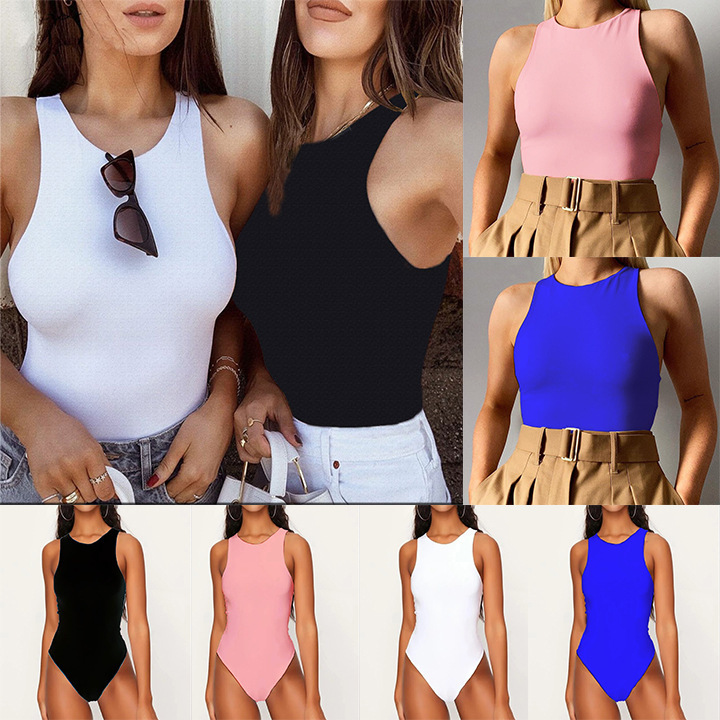 Women Fashion Basic Sleeveless Solid Color Tight Bodysuit