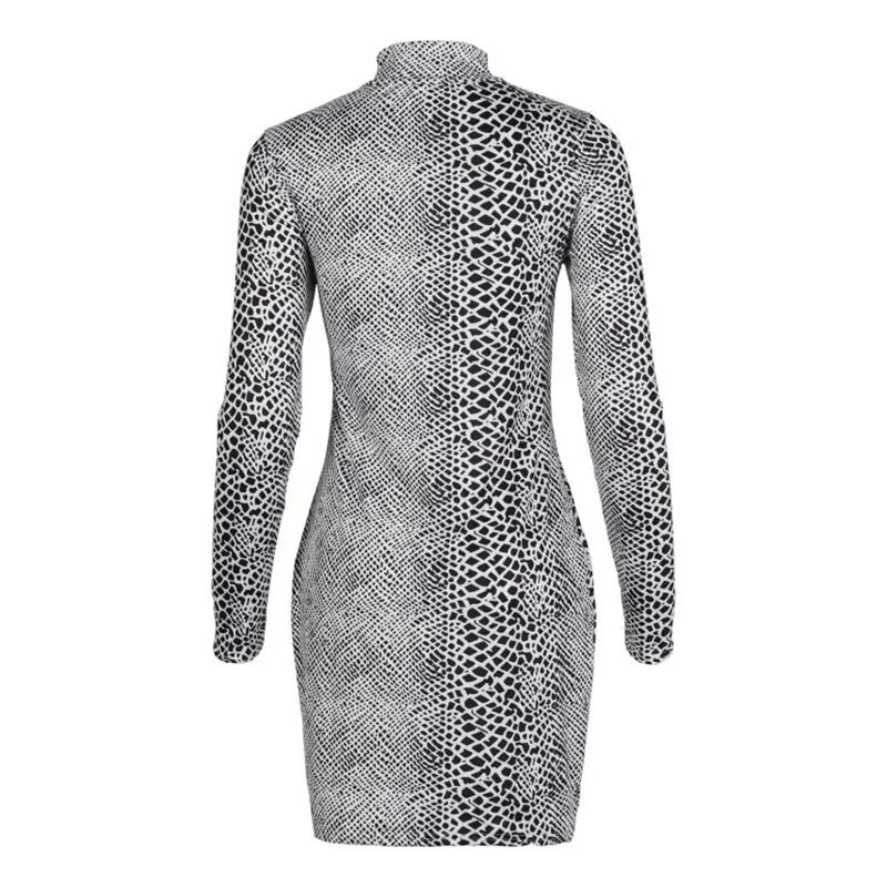 Turtleneck Long-Sleeve Animal Print Bodycon Dress