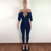 Sexy Off-The-Shoulder Long-Sleeve Single-Breasted Slim Denim Jumpsuits