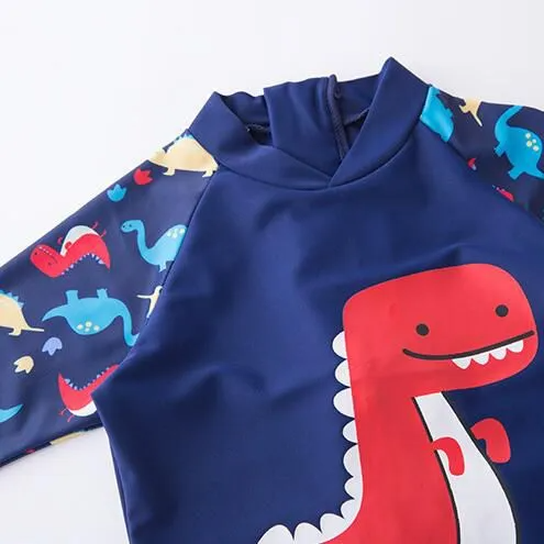 2 Pcs Boys Cute Dinosaur Printed Swimwear And Cap