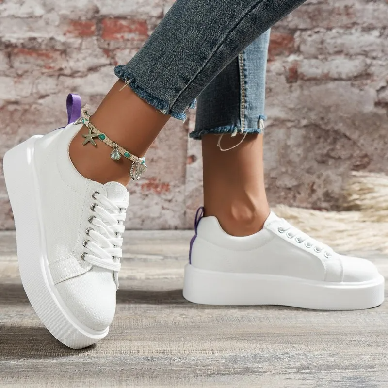 Women Fashion Plus Size Solid Color Round-Toe Lace-Up Thick-Soled Sneakers