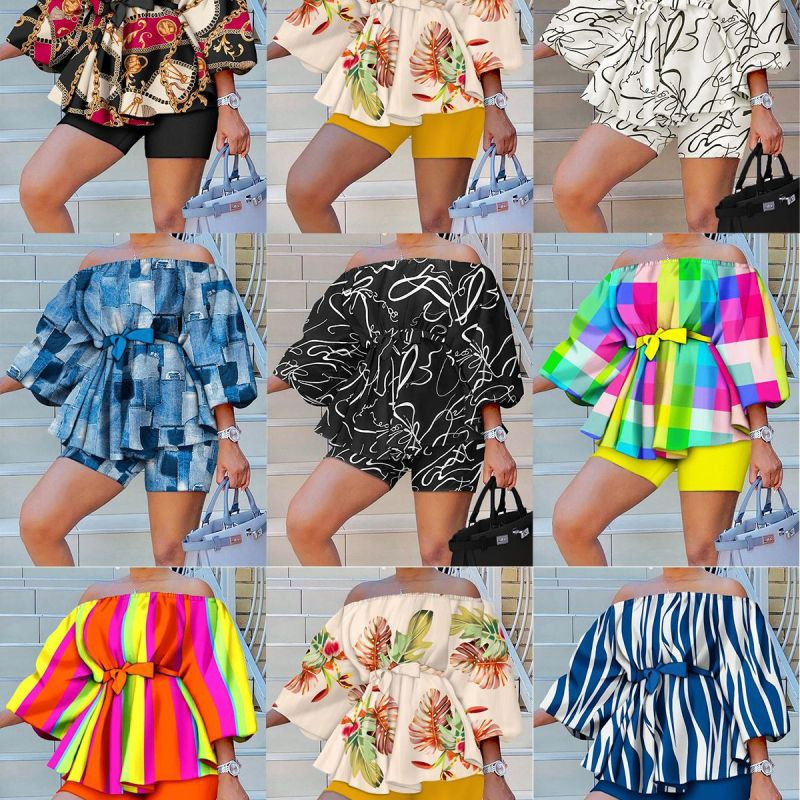 Women Fashion Print Off-Shoulder Top And Shorts 2pcs Set