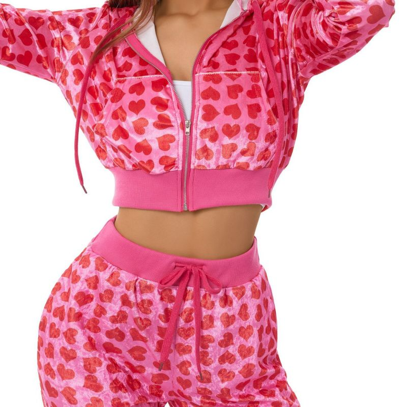 Women Fashion Casual Pink Heart Pattern Long Sleeve Hoodie And Pants Althleisure Set