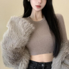 Women Casual Edgy Basic Solid Round Neck Rib-Knit Slim Long Sleeve Crop Top