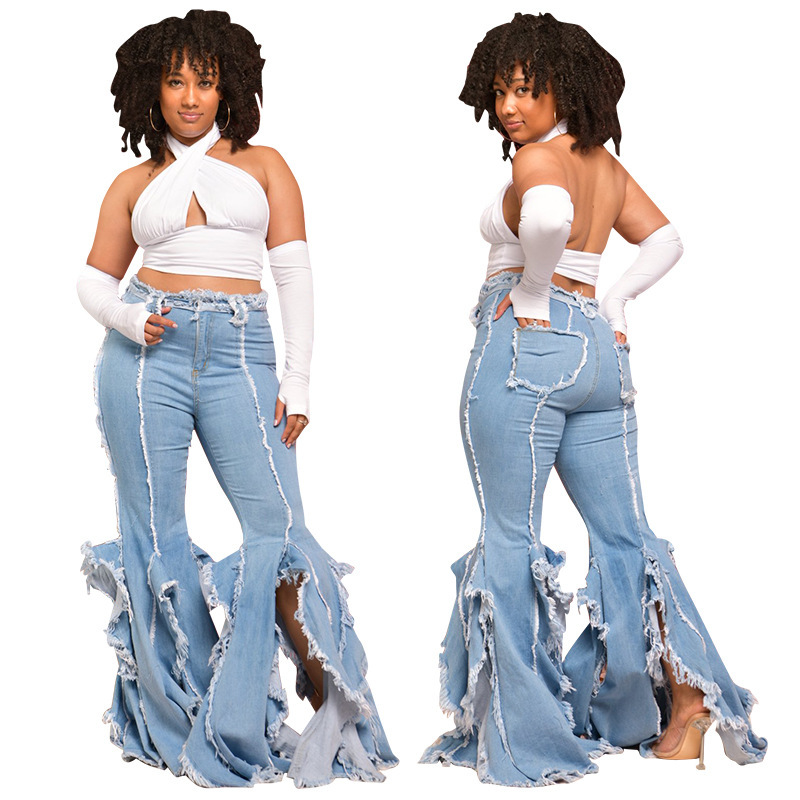 Women'S Fashion Casual Ripped Raw Edge Flared Denim Pants