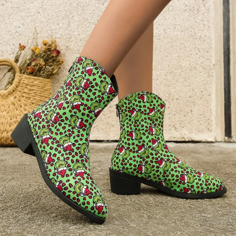 Women Fashion Plus Size Cartoon Print Pointed Toe Back Zipper Short Boots