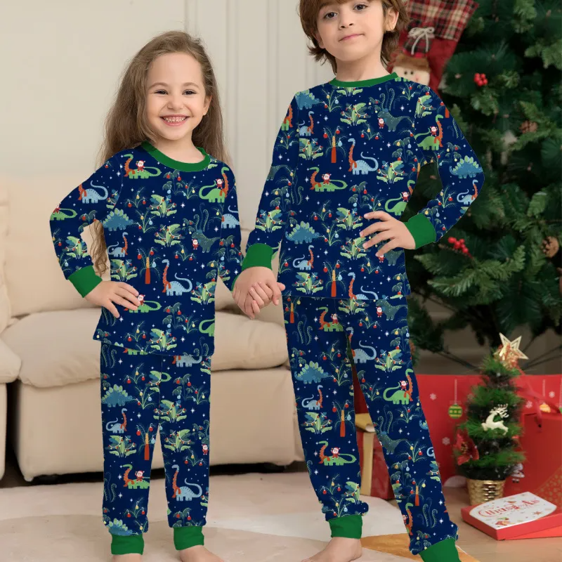 Christmas Cartoon Dinosaur Print Round Neck Long Sleeve Parent-Child Home Pajamas Set