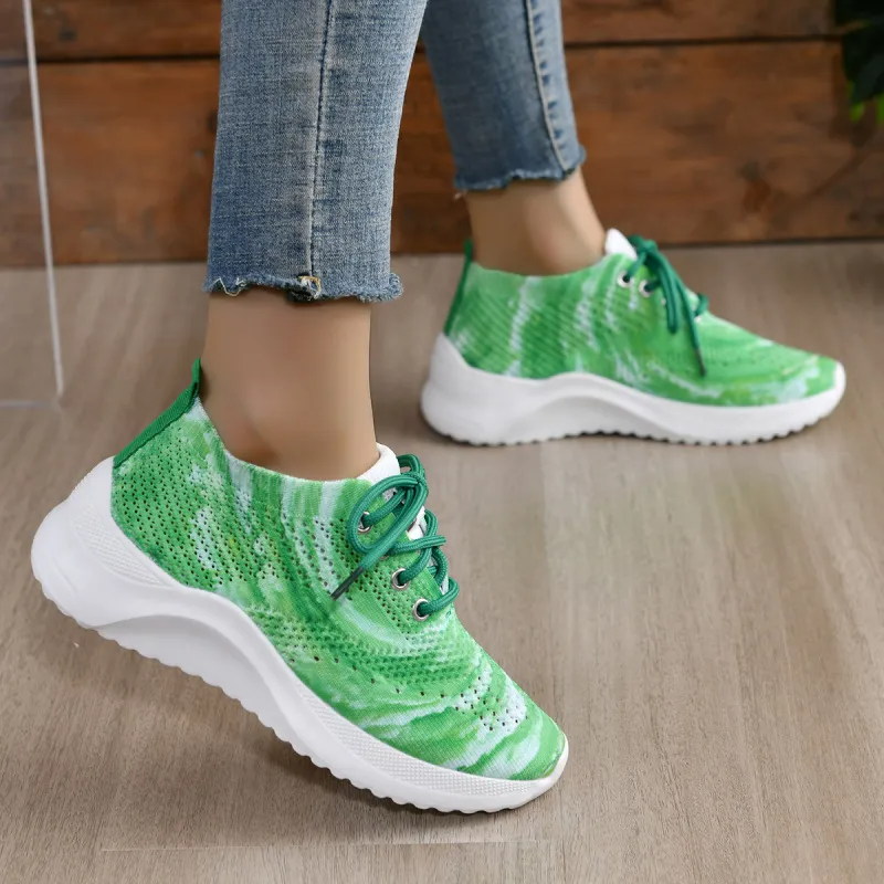 Women Fashion Casual Plus Size Color Block Fly-Woven Breathable Lace-Up Sneakers