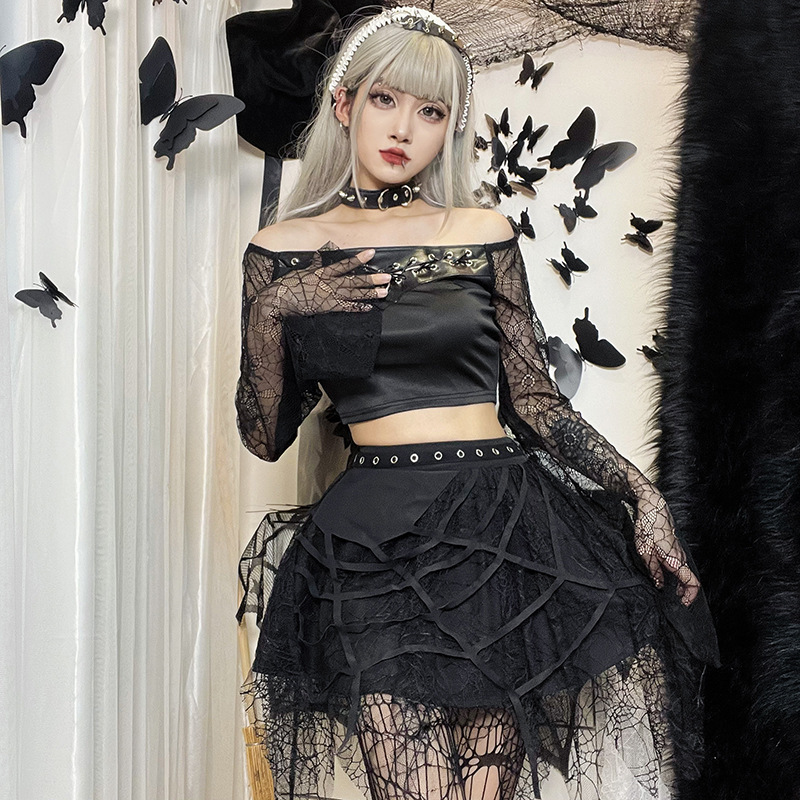 Gothic Punk Spider Web Fringe Skirt