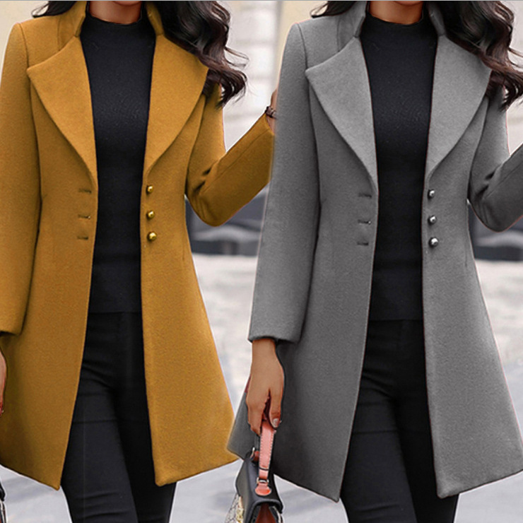 Women Fashion Casual Solid Color Lapel Woolen Mid-Length Long Sleeve Blazers