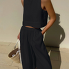 Women Summer Vacation Casual Loose Solid Color Sleeveless Top Wide Leg Pants Two Piece Set