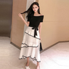 Women Fashion Casual Elegant Off Shoulder Lace-Up Short-Sleeve Ruffled Dress