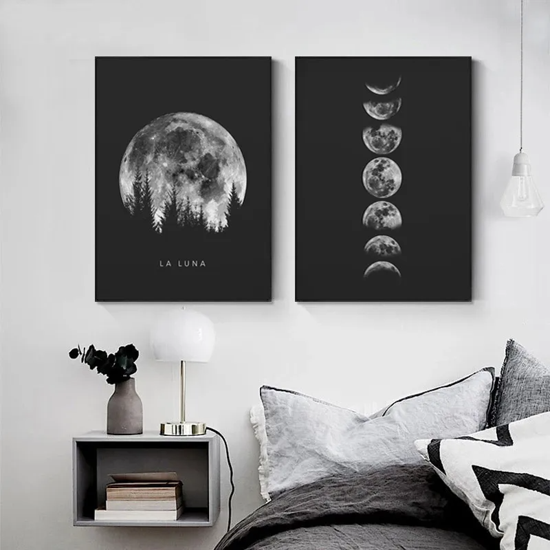 (Buy 1 Get 1) Minimalist Black White Full Moon Pattern Living Room Decoration Painting Core