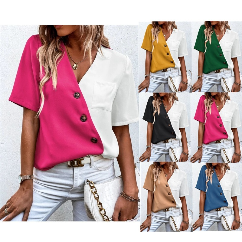 Women Casual Summer Chiffon V-Neck Fashion Color Blocking Short-Sleeved Blouse