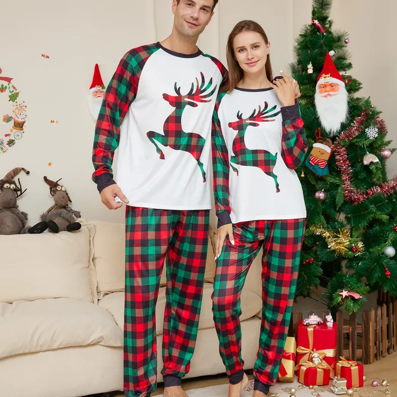 Christmas Fashion Cartoon Elk Plaid Print Parent-Child Pajamas Set