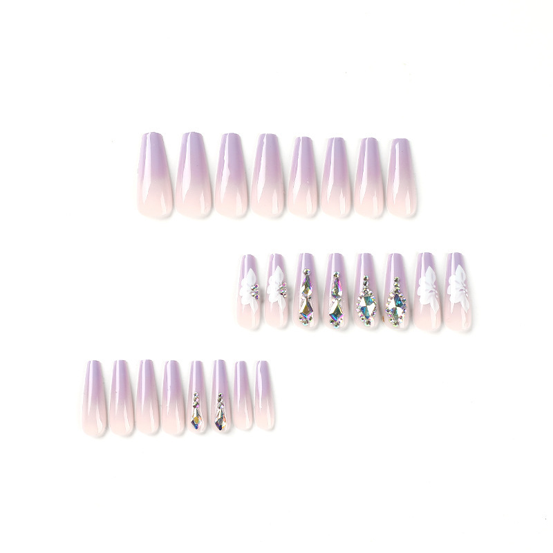 ( Buy 1 Get 2 ) Women Fashion Gradient Purple White Petal Rhinestone Wearable False Nails