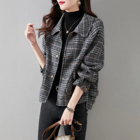 Women Fashion Casual Style Long Sleeve Plaid Attern Tweed Lapel Coat